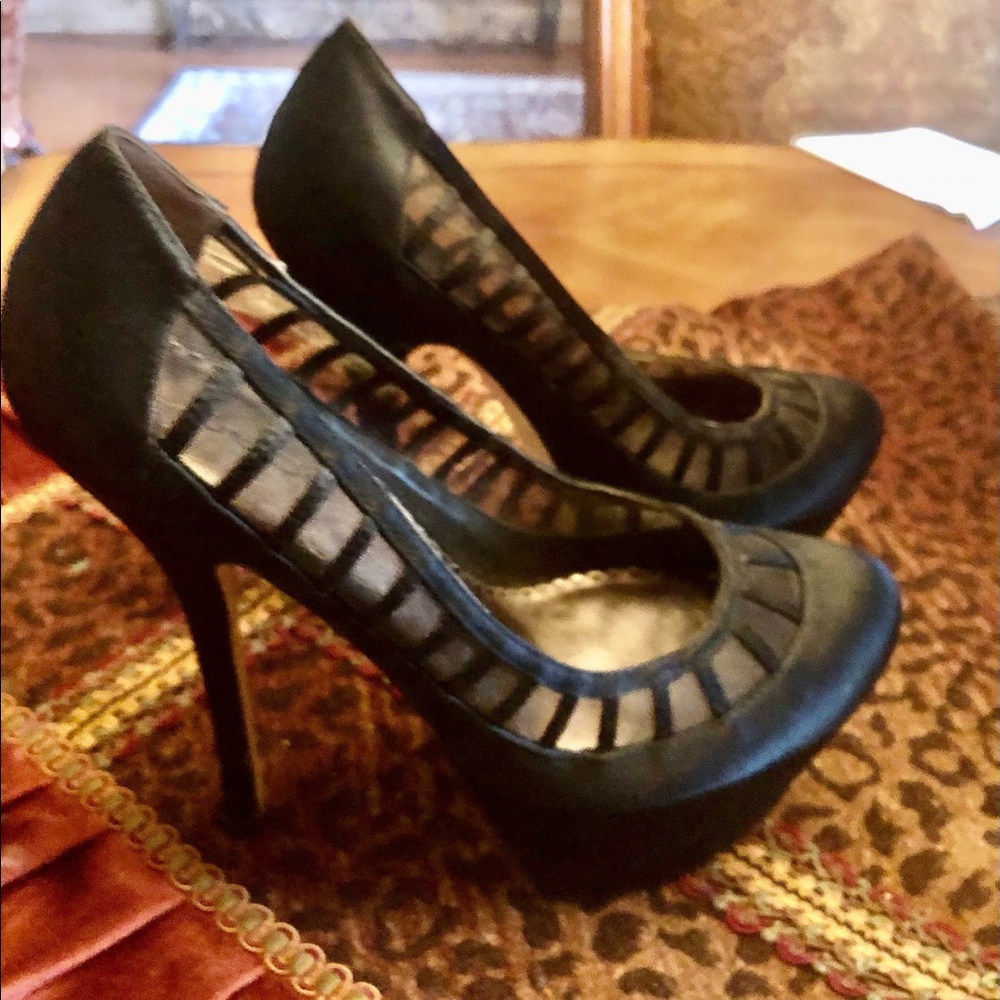 Bebe Sofia black satin and mesh pump